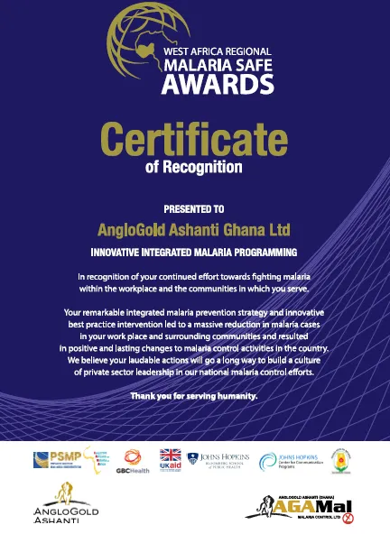 West Africa Regional Malaria Safe Awards certificate of recognition presented to AngloGold Ashanti Ghana