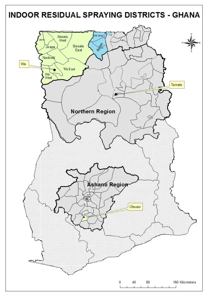 Map of Ghana showing AGAMal's indoor residual spraying districts in 2017