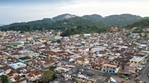 Aerial view of Obuasi town and the surrounding hills